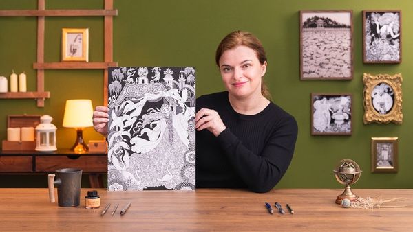 Ilustración de cuentos de hadas con pluma y tinta