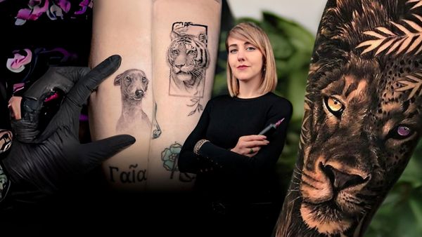 Tatuaje microrrealista de animales en blanco y negro